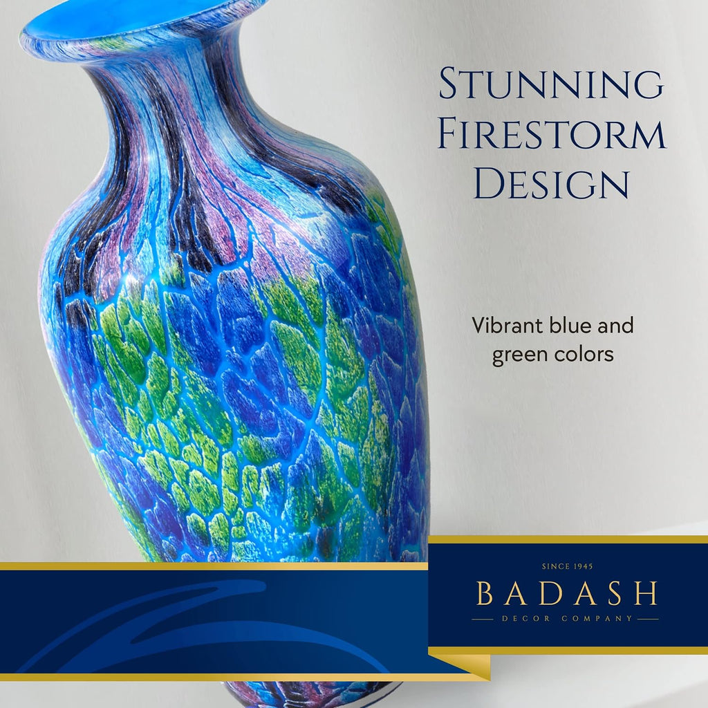 Firestorm Murano-Style Art Glass Vase - 10" Tall Decorative Mouth-Blown Glass Decor - Stunning Blown Glass Vase