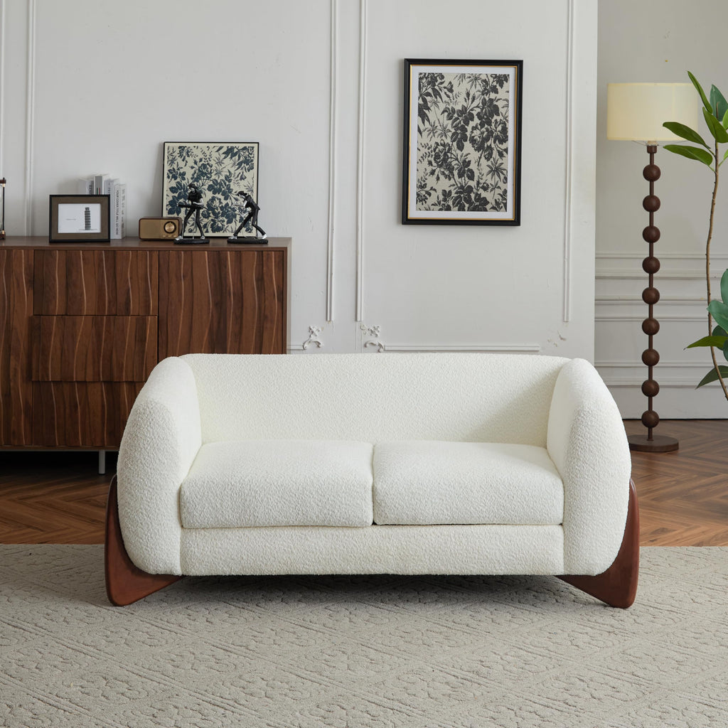 63 Inch Modern Boucle Upholstered 2-Seater Sofa, Chenille Fabric Loveseat with Solid Wood Legs, Low Profile Small