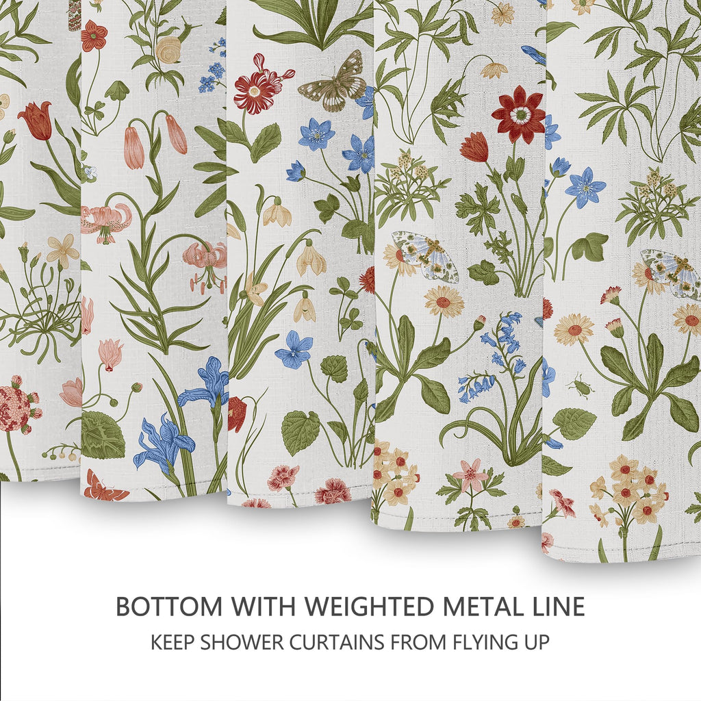 Boho Rustic Floral White 140 GSM Faux Linen, Vintage Morris Abstract Green Leaves Plant with Wildflowers Bathroom