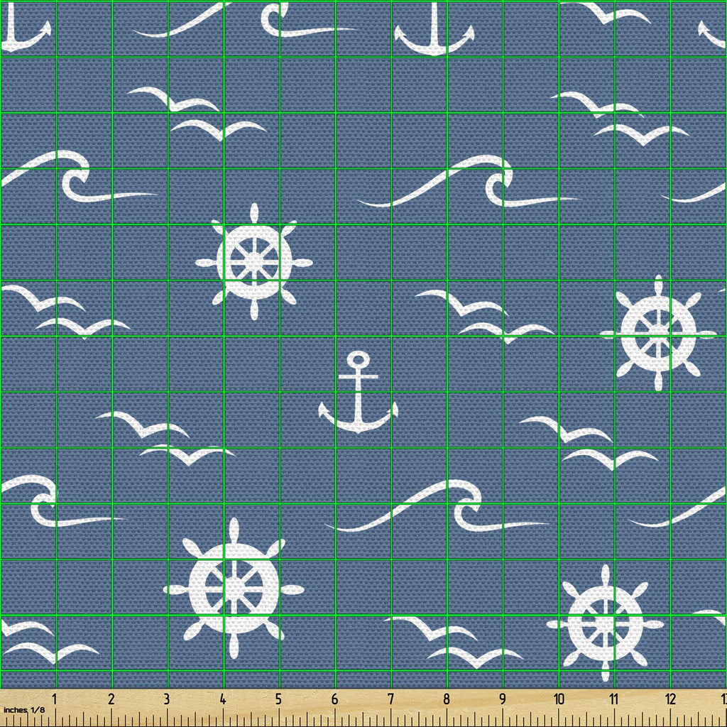 Nautical Blue Fabric by The Yard, Monochromatic Art of Marine Wheel Anchor and Waves Repetition Print, Decorative
