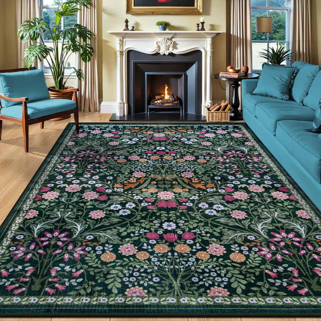 8x10 Area Rugs for Living Room: Floral Washable Rug Vintage Large Soft Boho Non-Slip Carpet Indoor Floor Stain