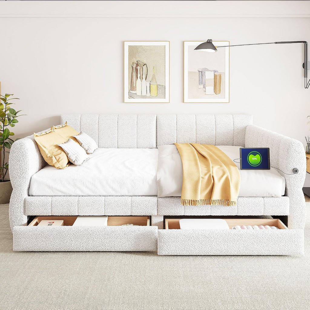 Queen Daybed Frame with 2 Drawers, Lambswool Upholstered Day Bed with USB Ports, Wood Slat Support, No Box Spring