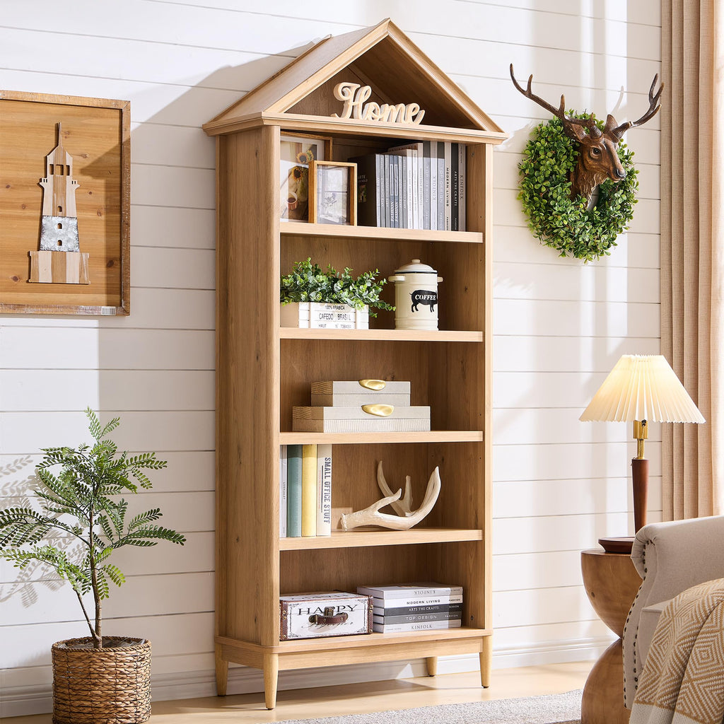 75.9" Tall Angled Arch Bookshelf, 5 Tiers Geometric Large Bookcase with Storage, Modern Triangular Top with