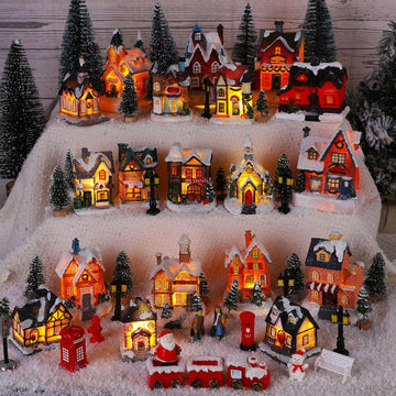 64 Pcs LED Christmas Village Houses Holiday Town Scene Set,Classic