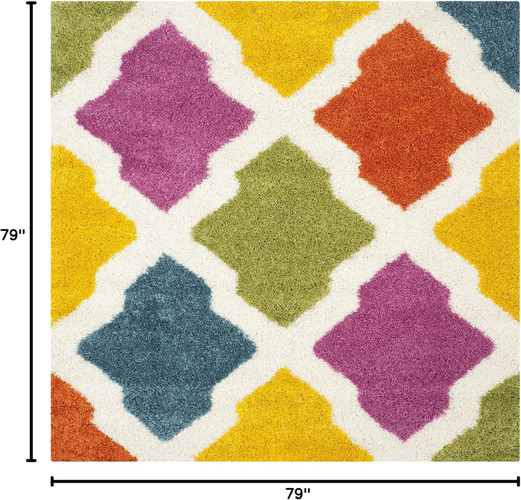 Kids Shag Collection Area Rug - 6'7" Square, Ivory & Multi, Rainbow Trellis Design, Non-Shedding & Easy Care, 2-inch