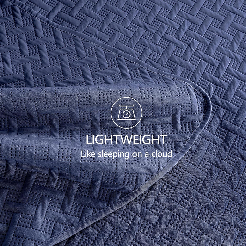 King Quilt Set - Soft Navy Blue Quilts Lightweight Microfiber Bedspread - Classic Basket Weave Pattern Bedspreads