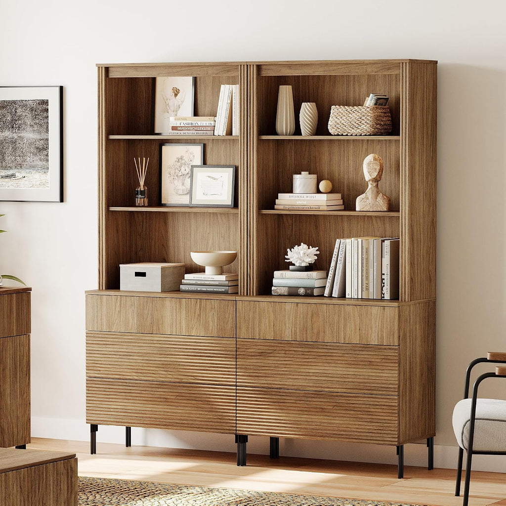 71.5" Tall Bookcase with 3 Drawers, Modern Fluted Bookcase with Adjustable Shelves, Wooden Storage Cabinet , Walnut