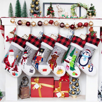 Christmas Stockings Gray Burlap Buffalo Red Plaid Soft Faux Fur 20 Inches Lovely Embroidery Pattern - Set of 6