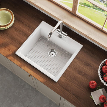 Farmhouse Sink 24 Inch, White Fireclay Ceramic Apron Front Kitchen Sink, Large Single Bowl Basin Laundry Room, Glossy