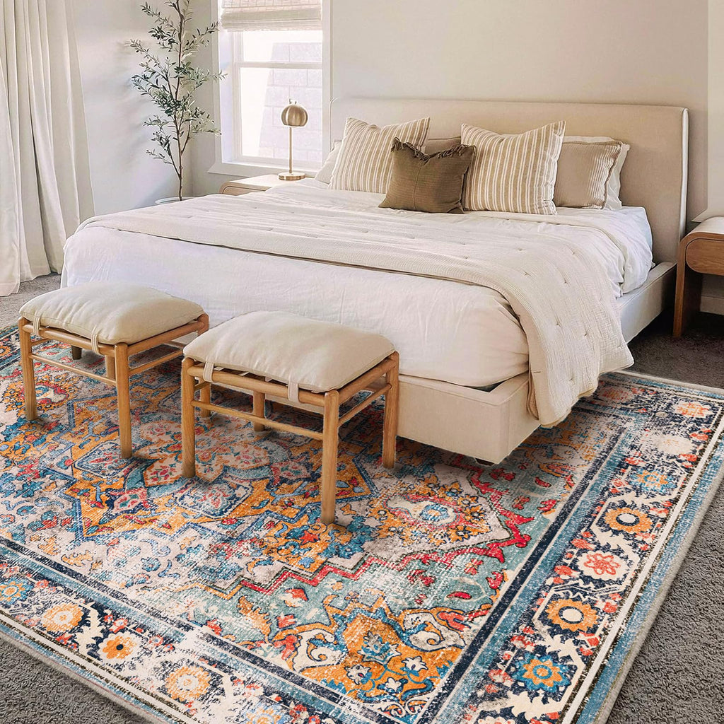 Washable Area Rug 9'x12' Boho Chic Medallion Distressed Design Non-Shedding Easy Care Ideal for High Traffic Areas