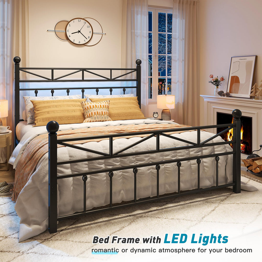 Victorian Metal Queen Size Bed Frame, Black, 54-Inch Tall Headboard