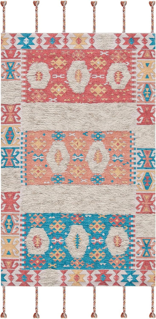 Saffron Collection Accent Rug, Rust & Beige, Handmade Moroccan Boho Tassel Wool, Ideal for High Traffic