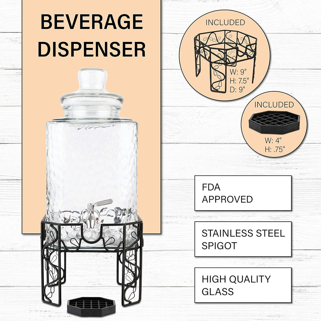 2.5 Gallon with Stainless Steel Spigot, Metal Stand, and Drip Tray - Mason Jar Style Drink Dispenser for Parties