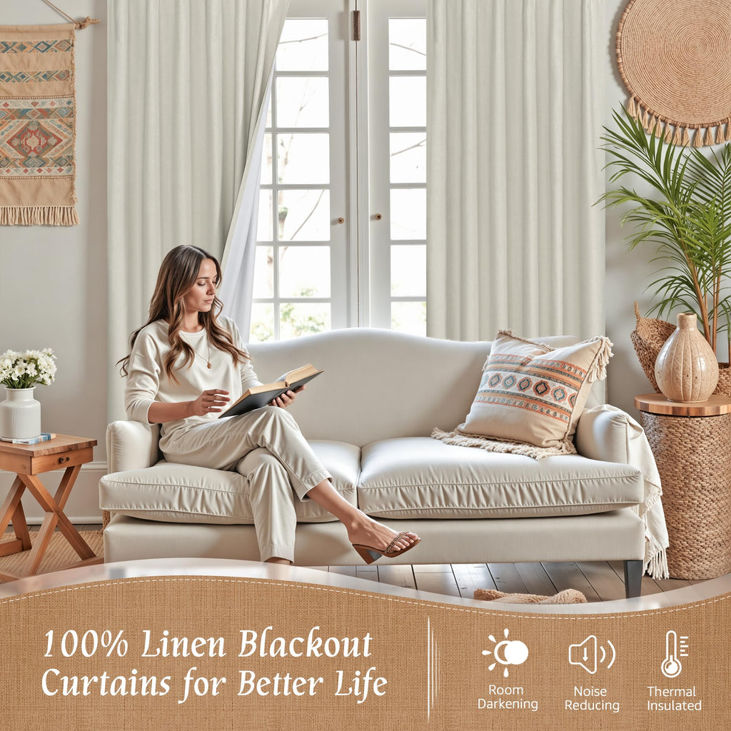 54 Inch Full Blackout Linen Window Curtains, 38 x 54 Inch