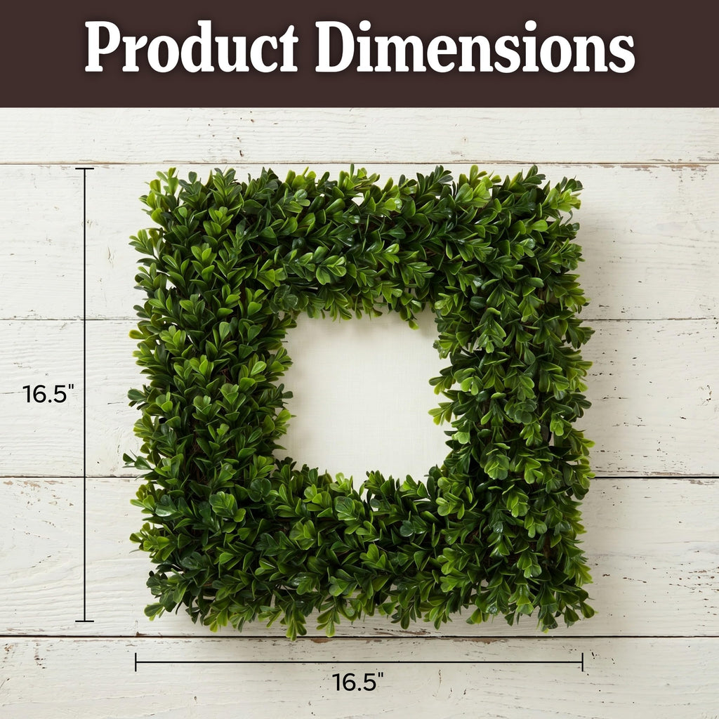 Square Boxwood Wreath for Front Door, Green, 16.5"