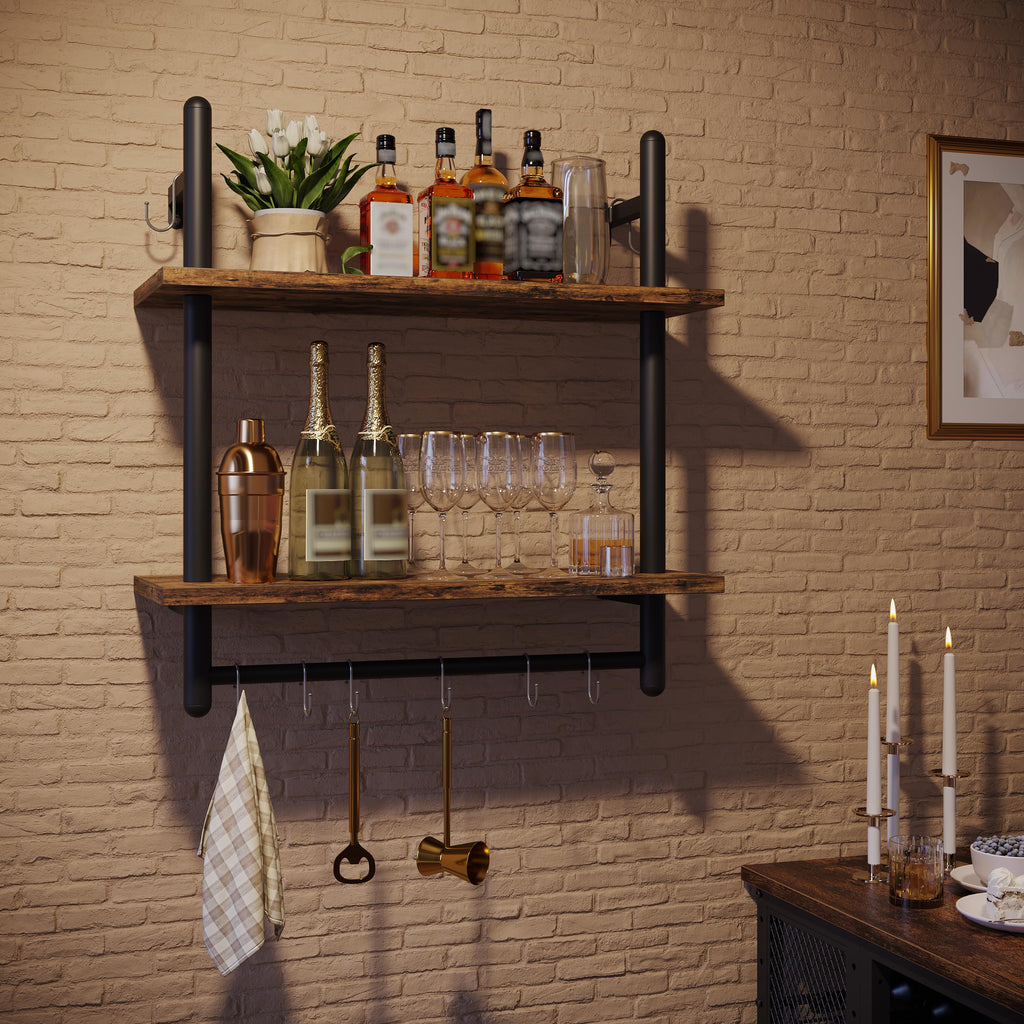 24" 2 Tier Industrial Pipe Wall Shelf with 8 Hooks, Rustic Brown