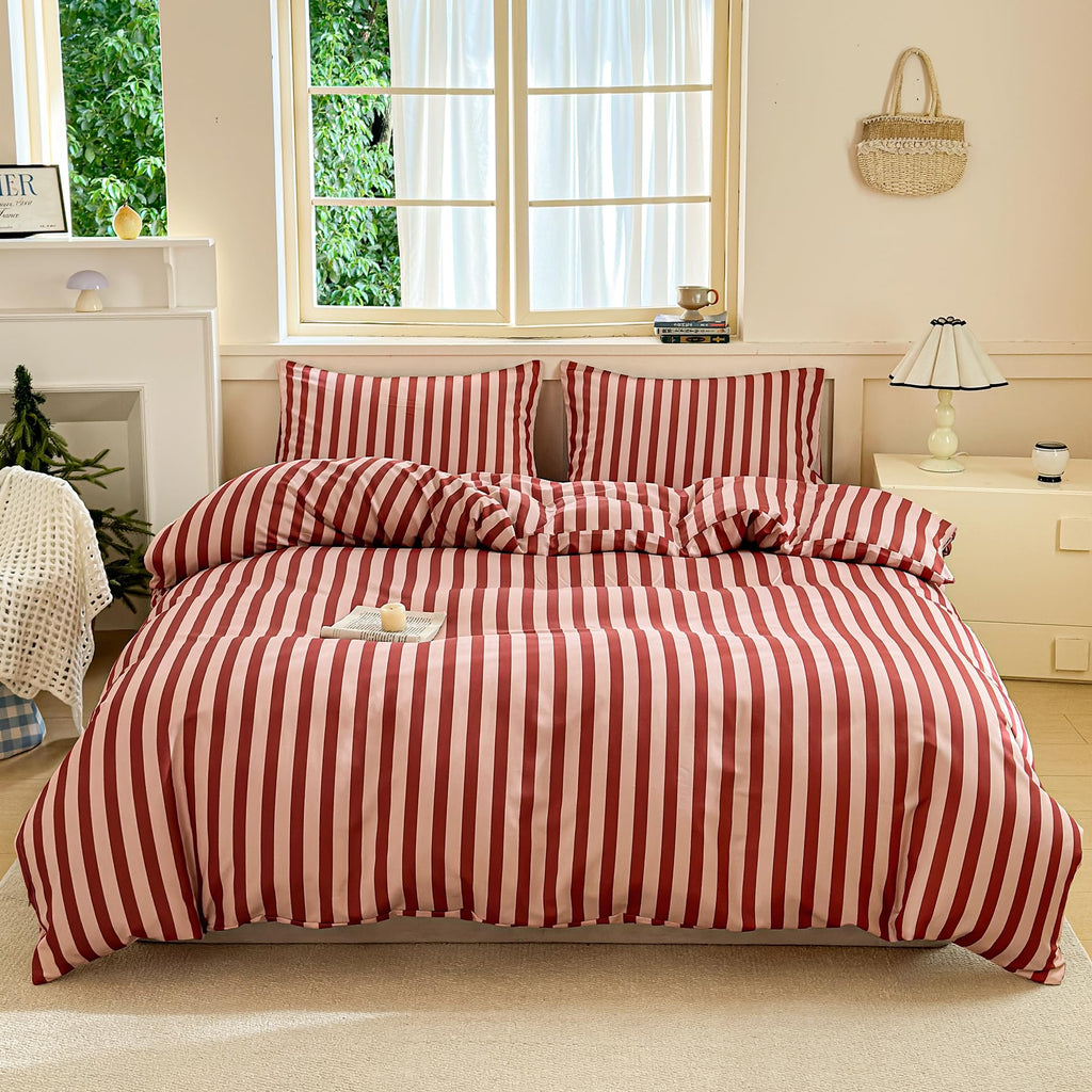 Dark Red Striped Duvet Cover Set