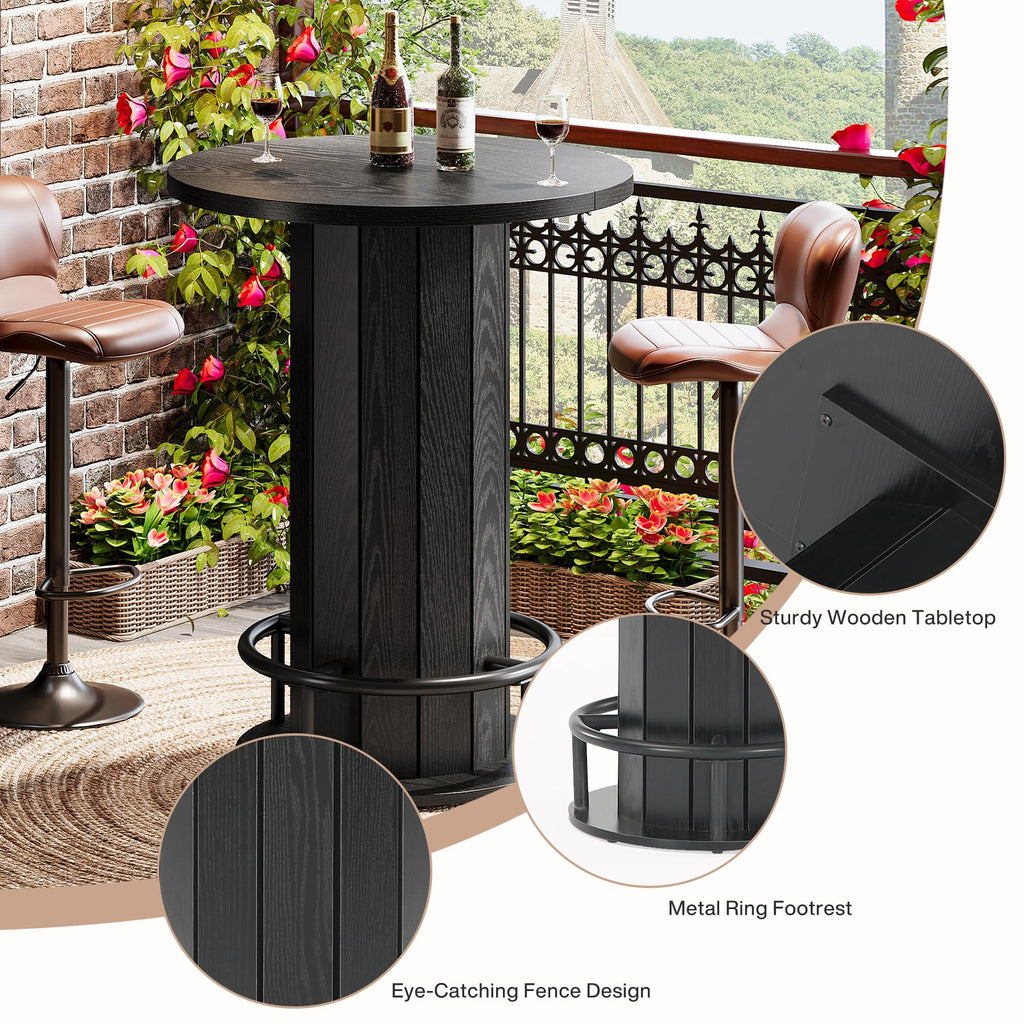 Round Bar Table, 39.4" H Wood Bistro Pub Table with Metal Ring Footrest for Dining Coffee Cocktail Living Room, Small