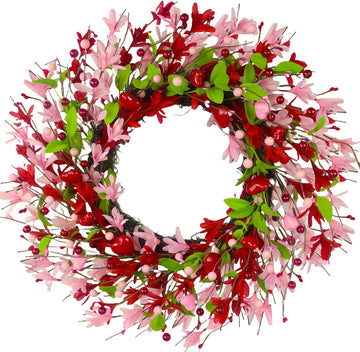 20 Inch Valentine's Day Wreath, Valentines Day Wreaths for Front Door with Pink Forsythia Flowers, Heart Shaped