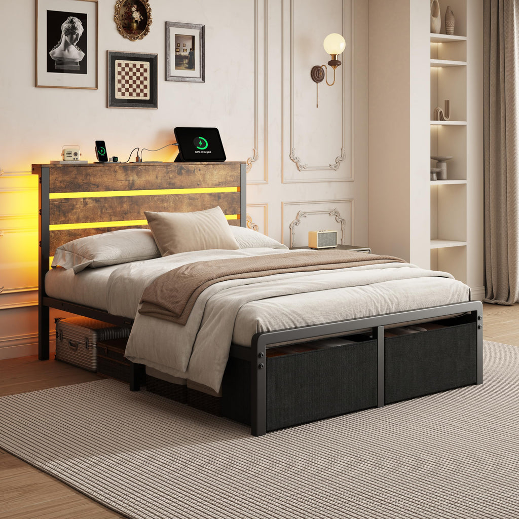 Bed Frame with Charging Station & LED Lights, Vintage Brown