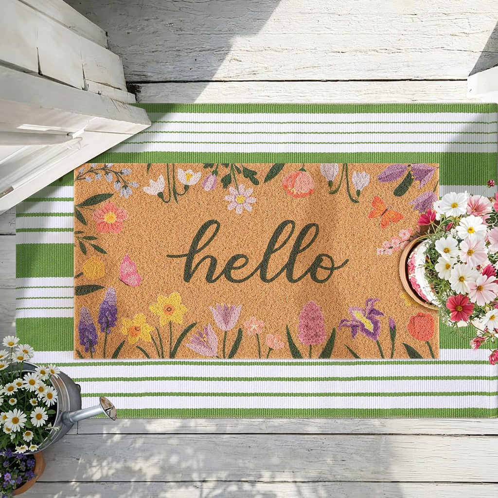 Wildflower Welcome Mat 17" x 29.5" + 27.6" x 43.3" Green White Striped Rug | Two-piece Layered Design Combines