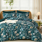 Luxudecor Queen Floral Comforter Set 7 Pieces,Teal Floral Comforter with Sheet Set,Flowers Leaves Pattern Bed in a