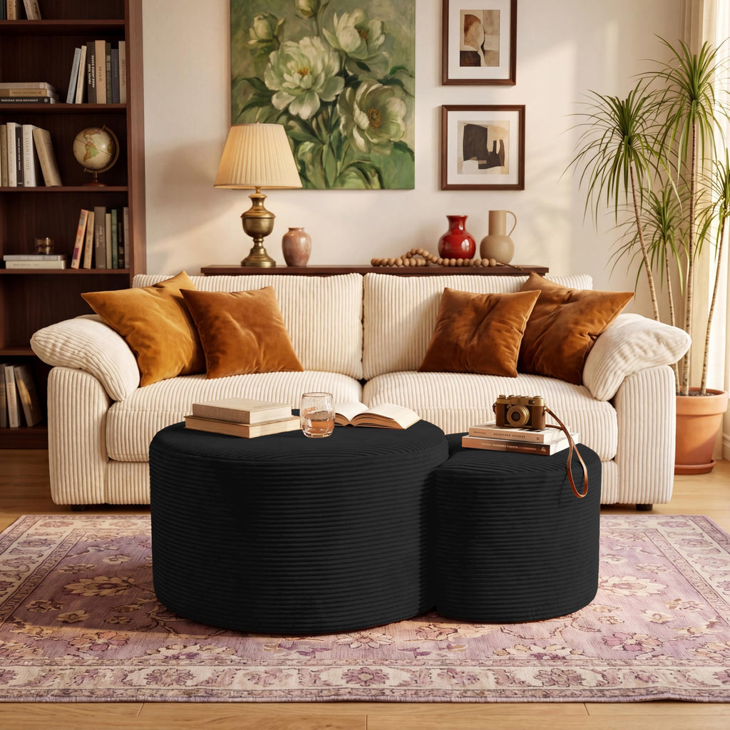 Boneless Ottoman Nesting Coffee Table Set of 2, Corduroy Soft Foot Rest Movable Large Pouf Footstool Sofa Couch
