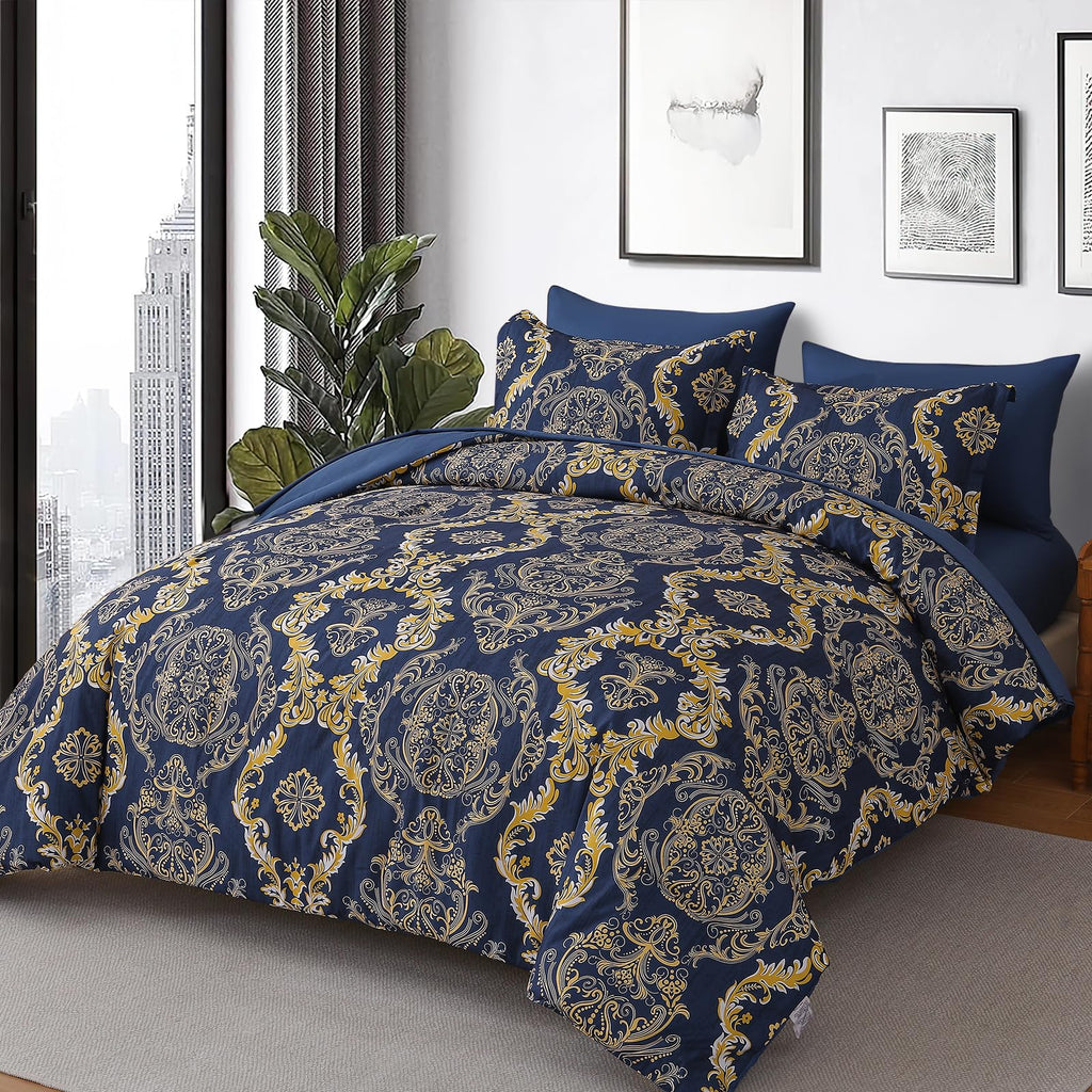 Blue Gold Comforter Set King Size, Damask Texture 7 Pieces Bed in a Bag Microfiber Comforter Bedding Sets -1