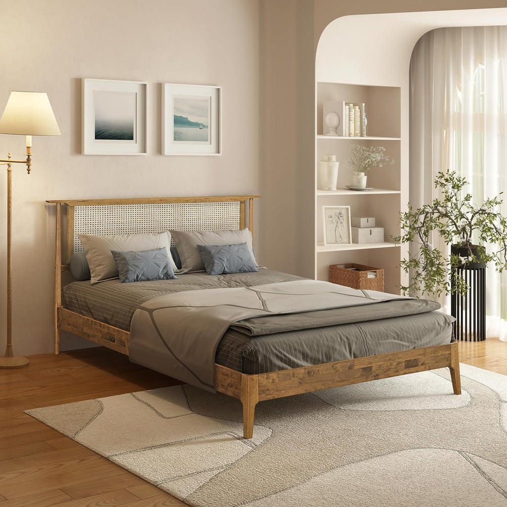 Ruby Wooden Bed Frame with Headboard and Natural Rattan, Solid Oak/Rubber Wood Foundation with Silent Slats, 1000 Lb