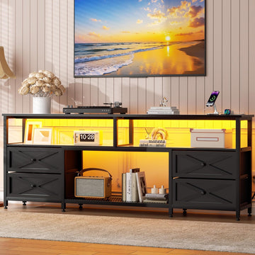 TV Stand with Fabric Drawers for 65 70 75 Inches TV - Entertainment Center with Open Storage Shelf, Power Outlets &