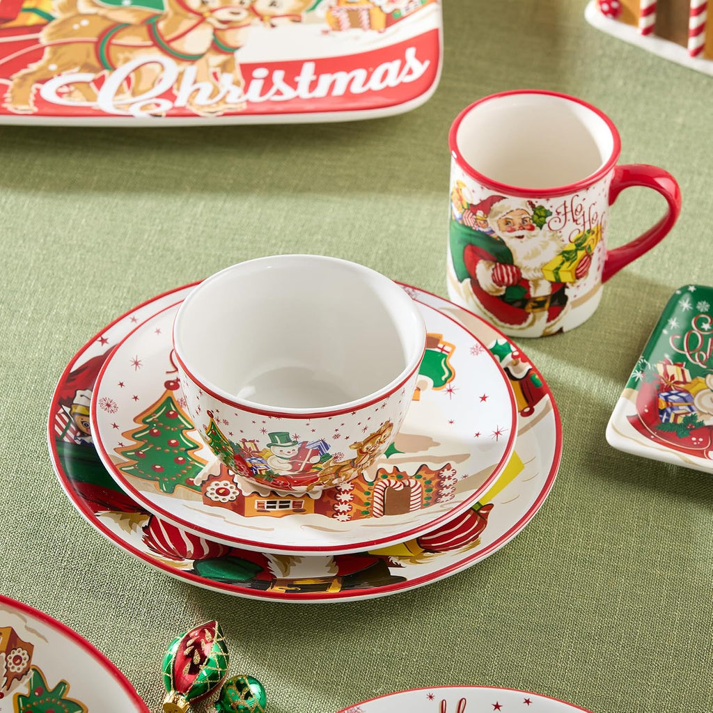 Santa's Retro Christmas 16 pc Dinnerware Set, Service for Holiday Plates, Bowls & Mugs with Vintage Santa