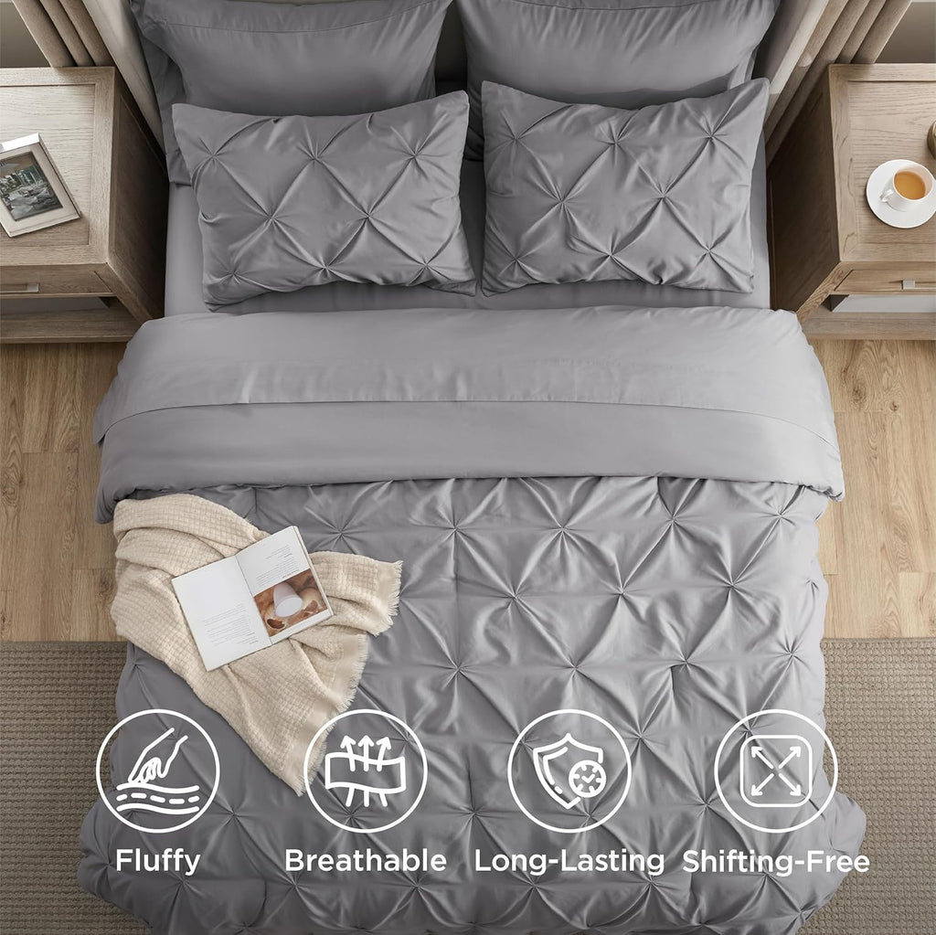 King Comforter Set - Bedding Sets King 7 Pieces, Pintuck Bed in a Bag Grey Bed Set with Comforter, Sheets
