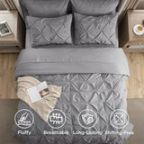 Queen Comforter Set Grey - Bed in a Bag Queen Bedding 7 Pieces, GentleSoft Pintuck Bed Set Gift for Family