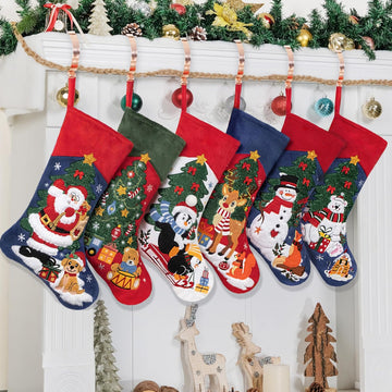 Set of 6 Christmas Stockings Embroidered 20" Velvet Large Family Xmas Tree Stocking 6 Pack Shining Cute Cartoon Soft