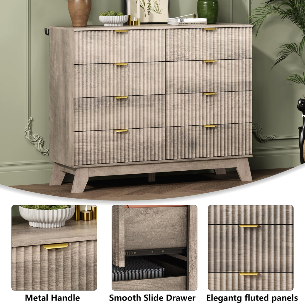 8 Drawer Fluted Dresser, Mid Century Modern Wooden Dresser with 8 Drawers, Dressers & Chests of Drawers with Metal