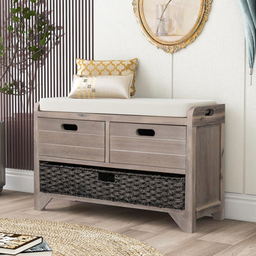 Storage Bench with Drawers and Basket, Farmhouse Shoe Bench with Seating and Cushion Entryway Living Room, Full