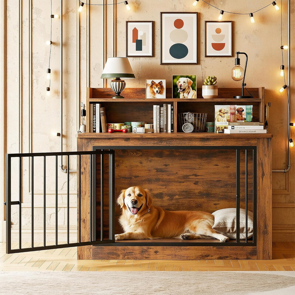 Extra Large Dog Crate Furniture, 43.3 inches Wooden Dog Crate with Storage and 4 Hooks