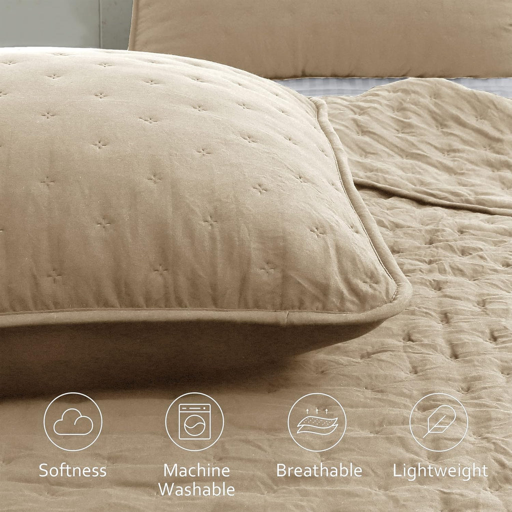 Beige Cloud Queen Quilt Bedding Sets with Pillow Shams, Farmhouse Lightweight Soft Bedspread Coverlet, All Season