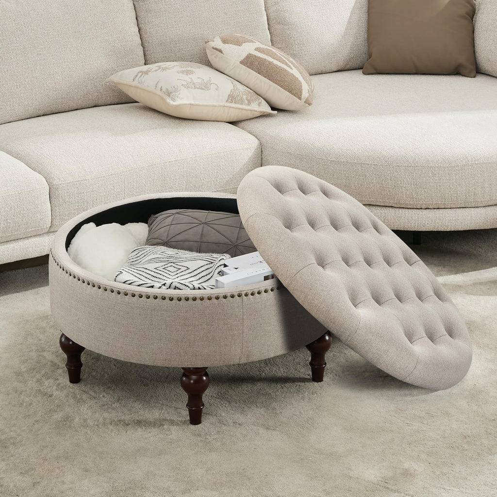 31.5"Large Round Storage Ottoman, Tufted Linen Ottoman Coffee Table