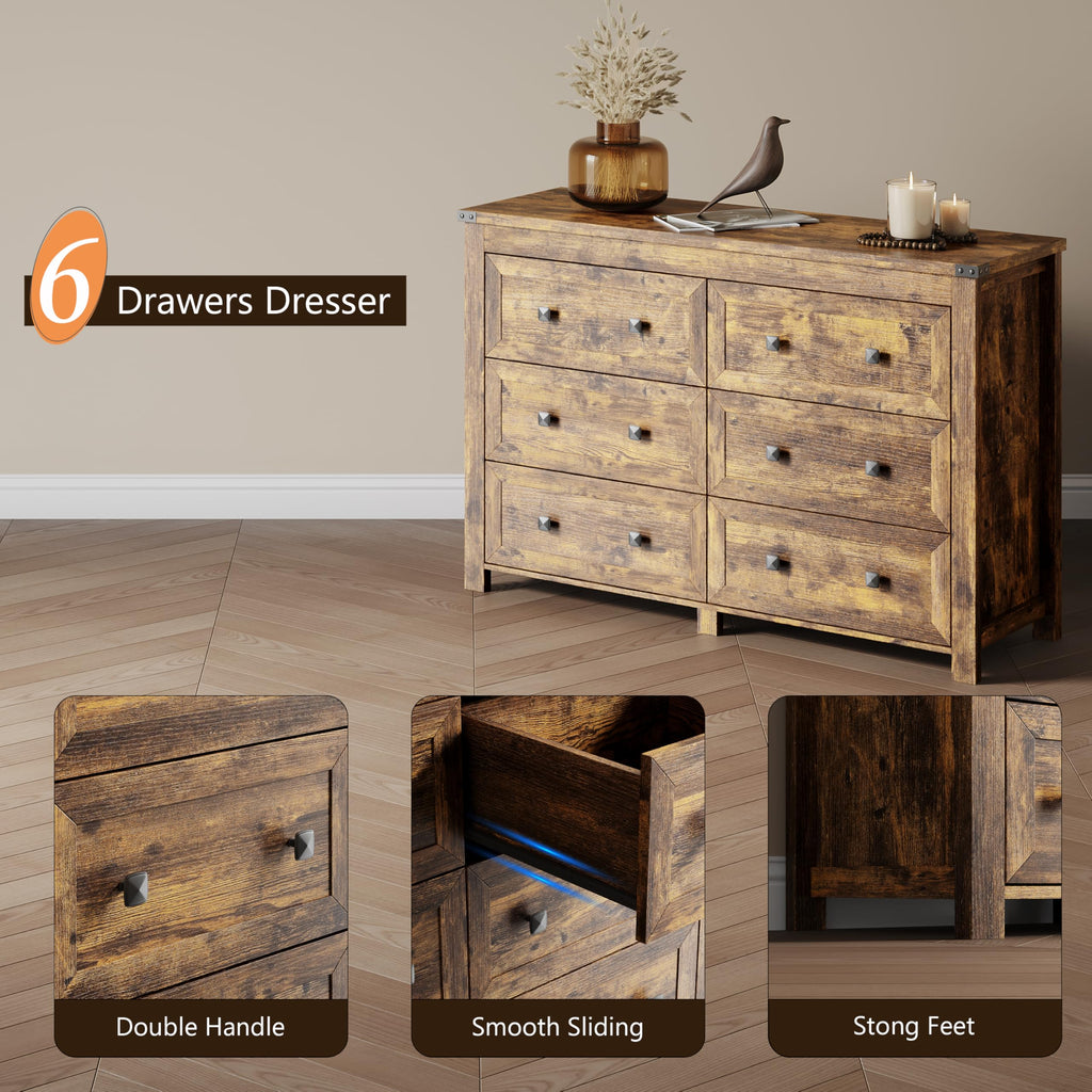 47.2" Wide 6-Drawer Farmhouse Dresser, Brown