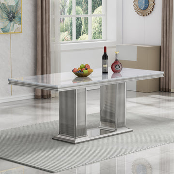 Marble Dining Table for 6-8 Modern Kitchen Table with Silver Stainless Steel Double Column Pedestal Luxury 70""