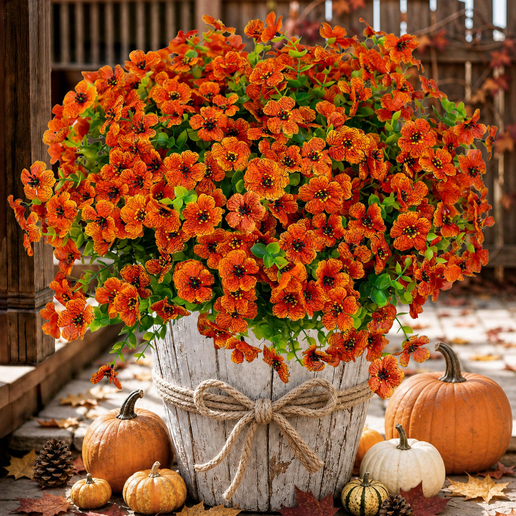 Artificial Mums for Outdoors Fake Fall Flowers Red Orange 16 Pack