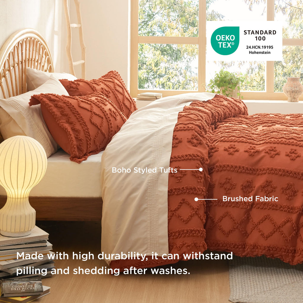 Boho Duvet Cover Queen, Tufted Embroidery, 3-Piece, Terracotta