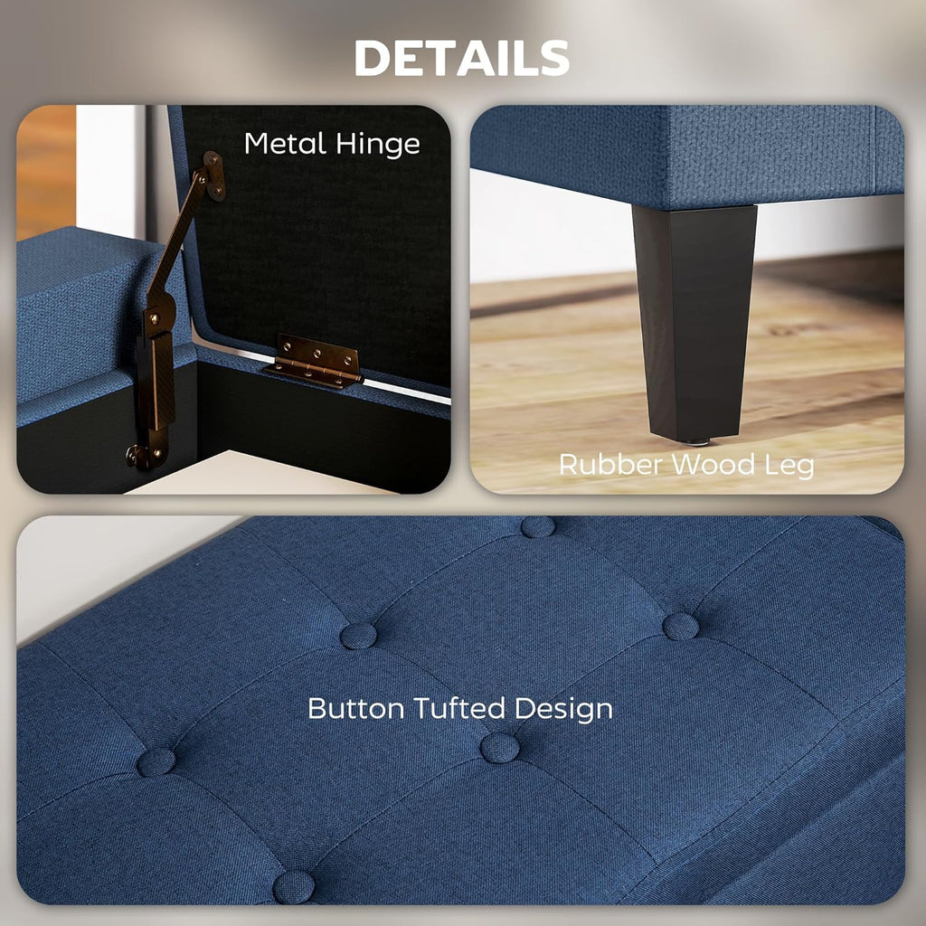 36" Ottoman with Storage, Lift Top Rubberwood Legs 330 lb Dark Blue | Storage Ottoman Bench, Linen Upholstered