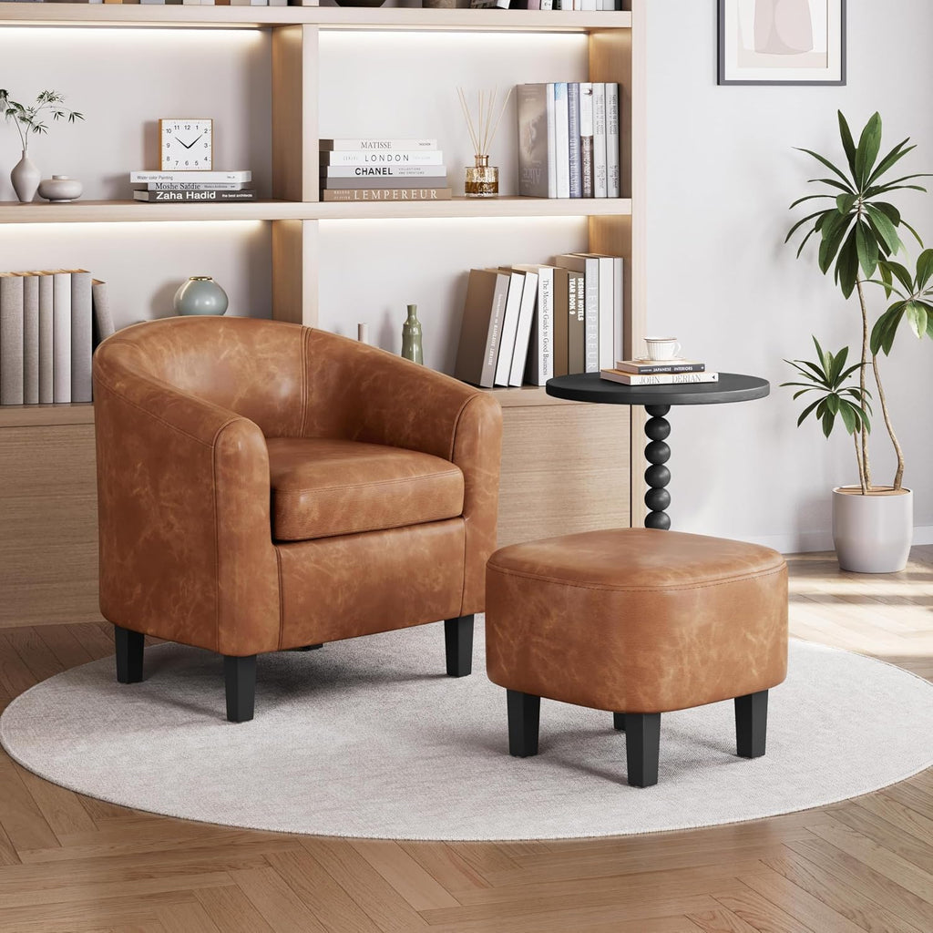 Accent Chairs with Ottoman, Faux Leather, Brown - Set of 2