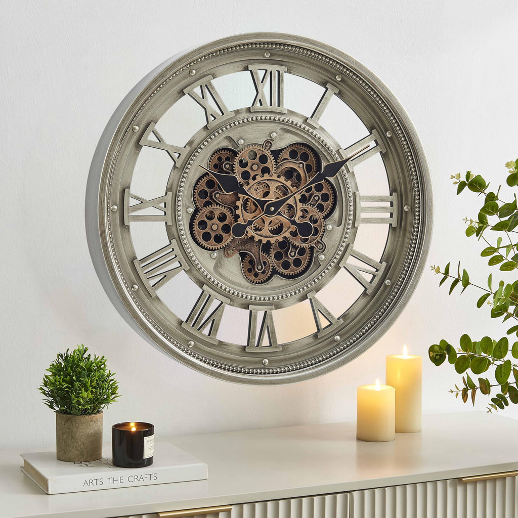24" Moving Gear Wall Clock, Antique Champagne