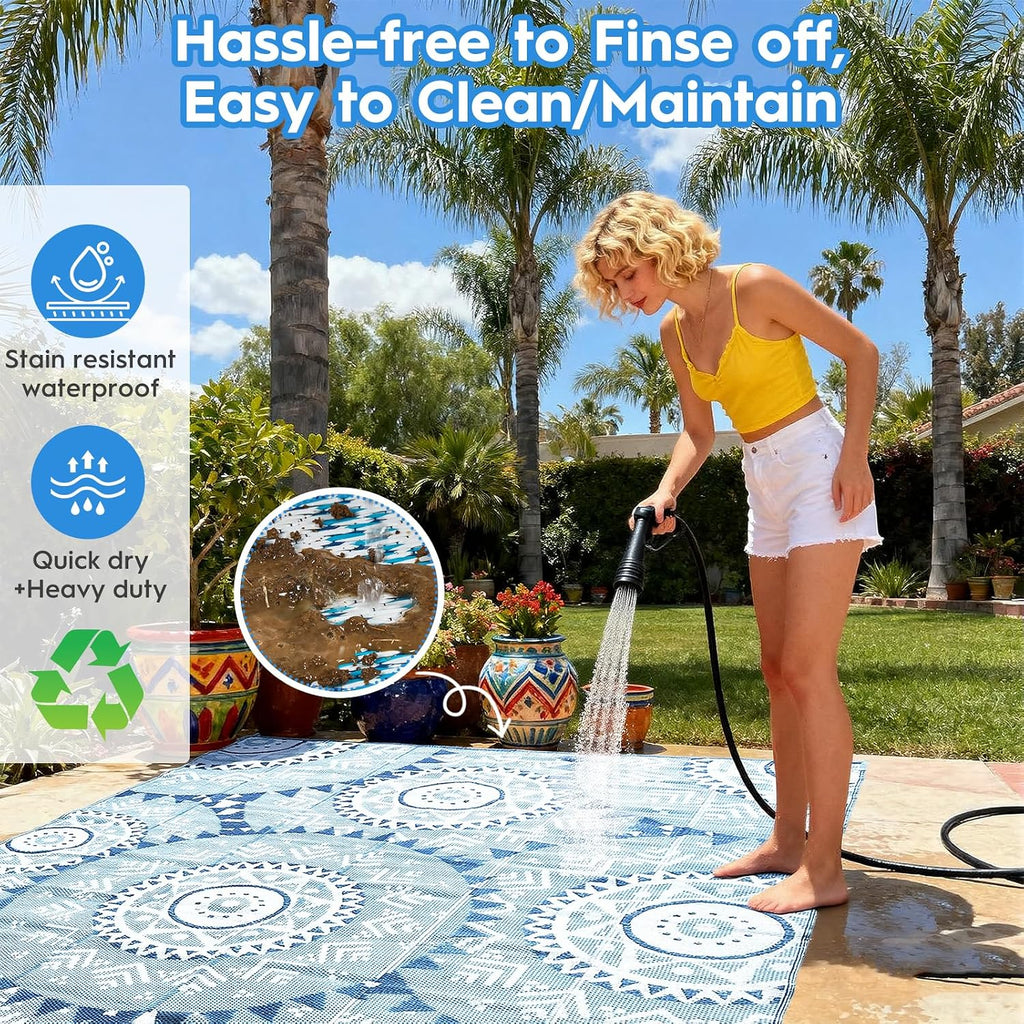 Outdoor Patio Rug - Waterproof Reversible Plastic Straw Mat, UV Resistant & Easy Clean, Foldable Camping Carpet