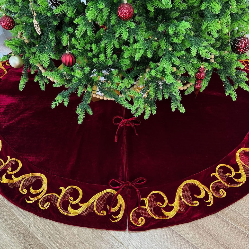 84-Inch Velvet Christmas Tree Skirt with Golden Swirl Embroidery and Lace Tie Closures, Burgundy