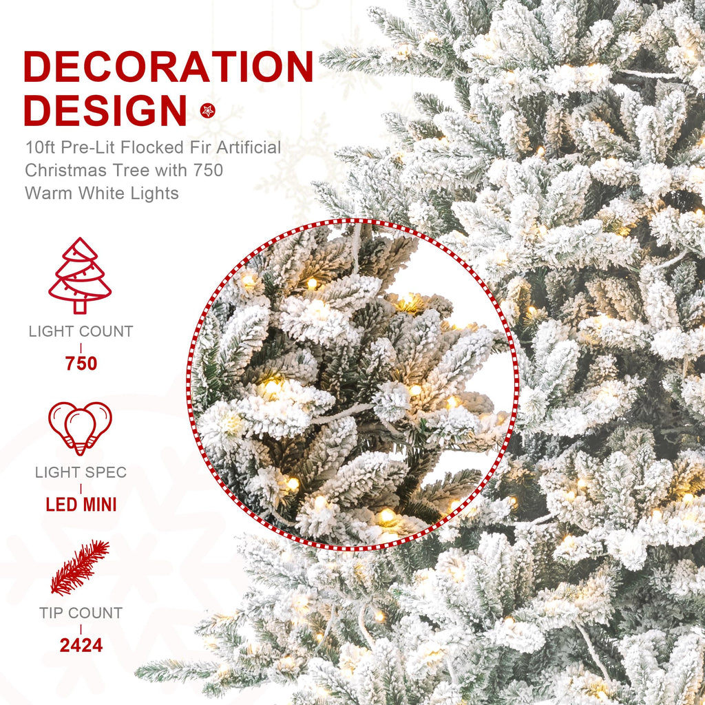 10ft Pre-Lit Flocked Fir Artificial Christmas Tree with 750 Warm White Lights, Full Size Large Xmas Tree for Holiday