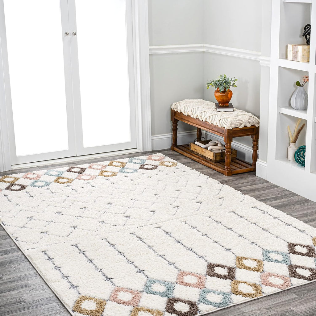 Trellis Plush Carved Multi/Cream Indoor Area Rug 4X6 ft, Pia Moroccan High-Low, Easy-Cleaning, High Traffic
